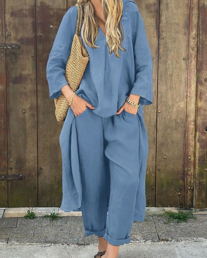 Femmes Actif Chemises en coton et lin Chemisier Ensembles de Pantalons manche longue Col en V Couleur Unie Fête Week-end Noir Blanche Jaune Été Coupe régulière de 2025 ? $37.99 –P5