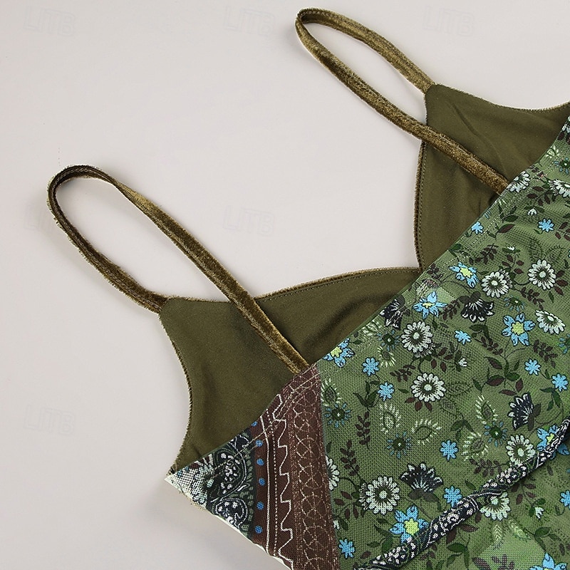 Women's Boho Shirt Blouse Flower Modern Boho Sleeveless Strap Crop Tops Holiday Going out Print Asymmetric Green Summer 2025 - $21.99 –P2
