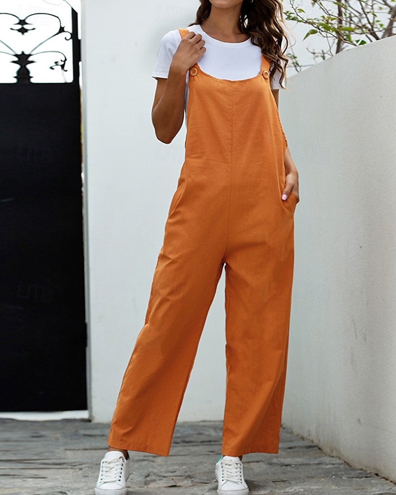 Femmes Normal Pantalon en coton et lin Basique Couleur Unie Sans manches Col en U Avec Poches Rue Sortir Coupe régulière Noir Blanche bleu marine Été de 2025 ? $29.99 –P2