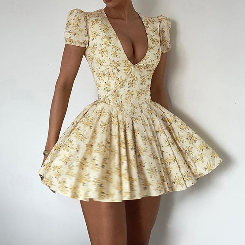 Femmes Mini Robe Robe Décontractée Robe Fleurie Mode Robe élégante Extérieur Soirée Fête Coupe régulière Fleur Manche Courte Col en V Jaune Été de 2025 ? $29.99 –P2