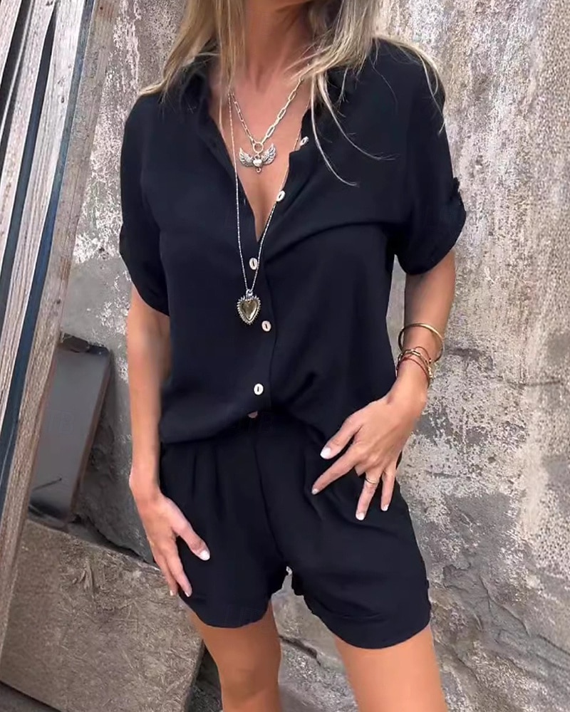 Femmes Actif Mode Chemises en coton et lin Ensembles en coton et lin Chemisier Manche Courte Col de chemise Couleur Unie Dubbele Rij Knopen Sortir Week-end Noir Blanche Bleu Été Coupe régulière de 2025 ? $34.99 –P2