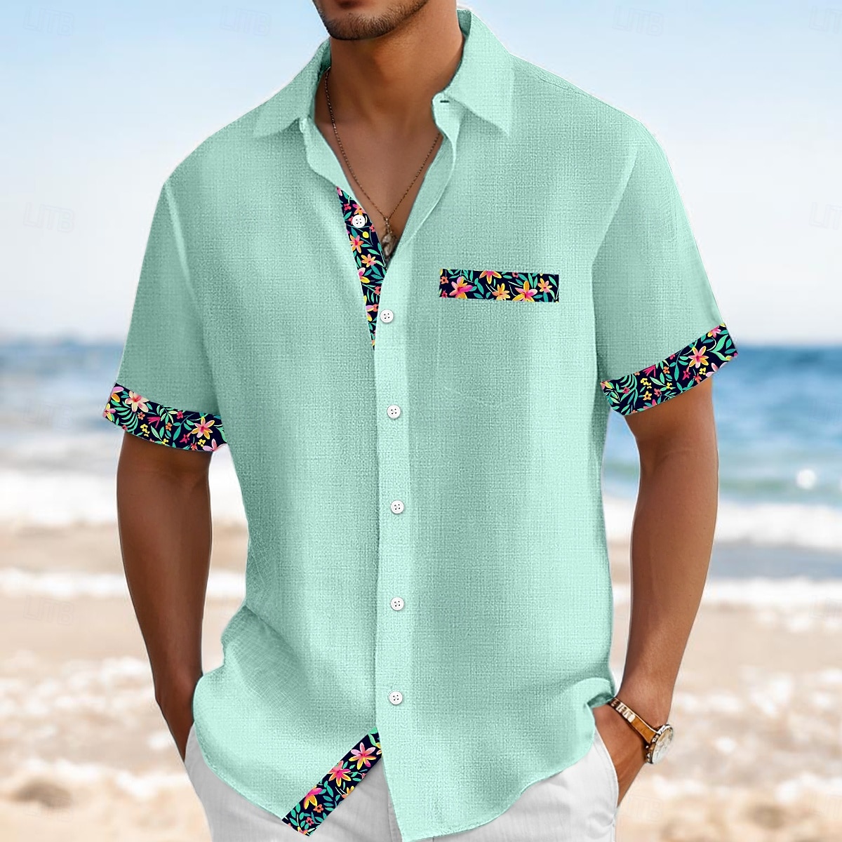 Voor heren Overhemd Linnen overhemd Zomer overhemd Strand Kleding Overhemd met knopen Effen Kleur Vakantie Curise Zwart Blozend Roze Groen Licht Blauw Korte mouw Kraag Zomer Lente zomer Kleding 2025 - $25.99 –P6