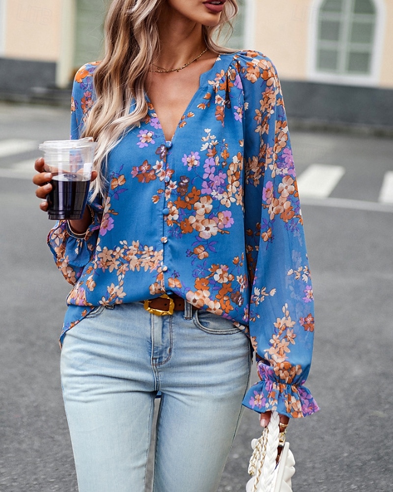 Femmes Chemise Bohème Chemisier Fleur Moderne Boho manche longue Col en V Hauts Réguliers Quotidien Sortir Imprimé Noir bleu marine Bleu Abricot Été de 2025 ? $26.99 –P11