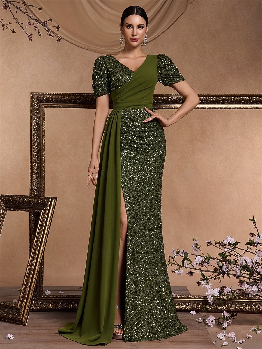 Robes de Quinceanera A-Line Robe élégante Mariage formel Longueur au sol Manches courtes Col en V Pailletée avec sequins de 2025 ? $124.99 –P1