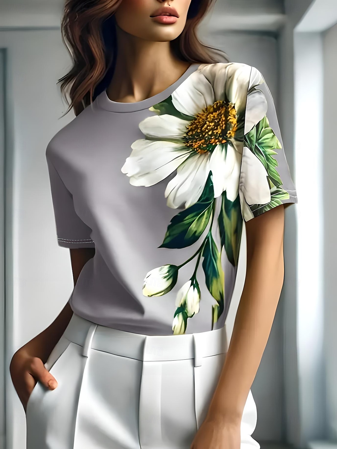Pentru femei Tricou Floral Grafic Plante Epocă Stilat Clasic Manșon scurt Stil Nautic Rotund Topuri obișnuite Zilnic Sfârșit de săptămână Imprimeu Negru Albastru piscină Mov Trifoi Gri Vară Primăvară 2025 - $19.99 –P5