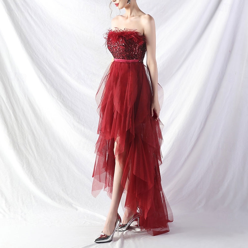 A-Line Quinceanera Dresses Elegant Dress Formal Wedding Asymmetrical Sleeveless Strapless Tulle Backless with Feather Embroidery 2025 - $84.99 –P20