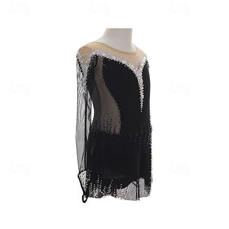 Kjole til kunstløp Dame Jente Skøyteløp Kjoler Svart Lapper Tommelhull Netting Spandex Elastisk Trening Profesjonell Konkurranse Skøyteklær Hold Varm Krystall / Rhinstein Langermet Skøyting Kunstløp 2025 - $162.99 –P3