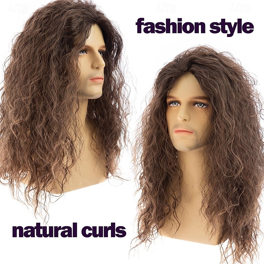 Mens Long Curly Brown Wig Synthetic Hair 70s 80s Rocker Cosplay Costume Halloween Party Wigs 2025 - $27.99 –P6