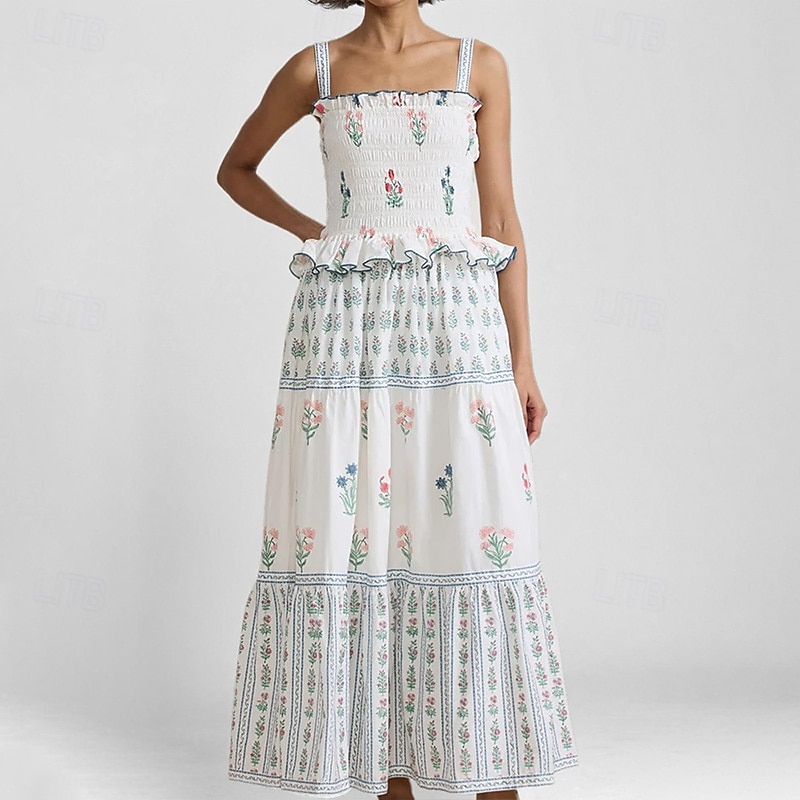 Damskie Sukienka midi Sukienka w kwiatki Sukienka Boho Sukienka z nadrukiem Moda Nowoczesny Na zewnątrz Urlop Święto Regularny Kwiat Bez rękawów Cienkie ramiączka Biały Rumiany róż Niebieski Lato 2025 - $25.99 –P1