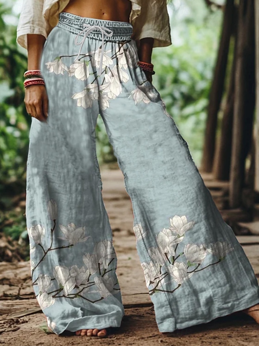 Women's Wide Leg Chinos Baggy Pants Vacation Vintage Ethnic Style Full Length High Waist Floral Graphic Printing Thermal Warm Breathable Soft Micro-elastic Vacation Street Causal claret Deep Green 2025 - $24.99 –P3