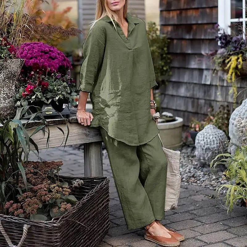 Per donna Moda Streetwear Camicie di cotone e lino Set di biancheria in cotone Set di Pantaloni Manica Lunga Colletto a Camicia Semplice Abbigliamento quotidiano Data Blu Verde Grigio Estate del 2025 a $38.99 –P8