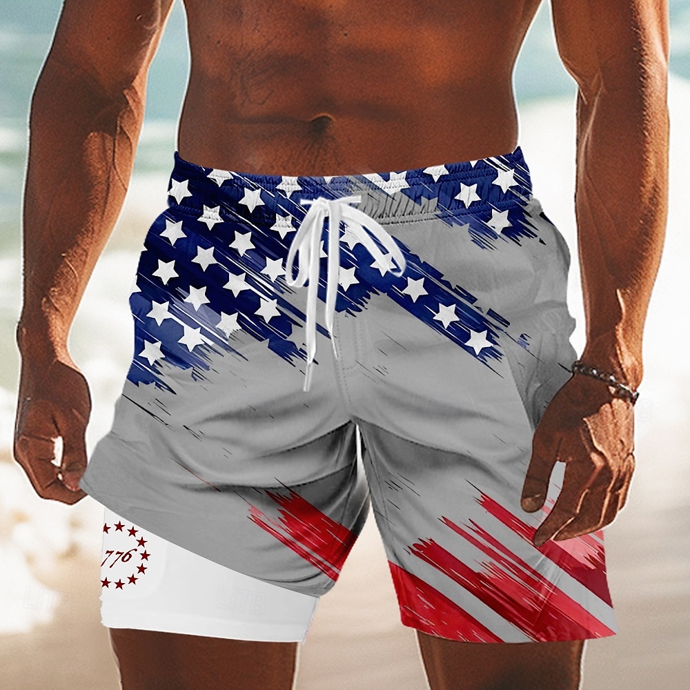 Independence Day Men's US Flag Patriotic Fourth of July Lined Shorts 2 in 1 Board Shorts Swim Trunks Mid Waist Holiday Side Pockets With Compression Liner Elastic Drawstring Waist Designer Clothing 2025 - $21.99 –P6
