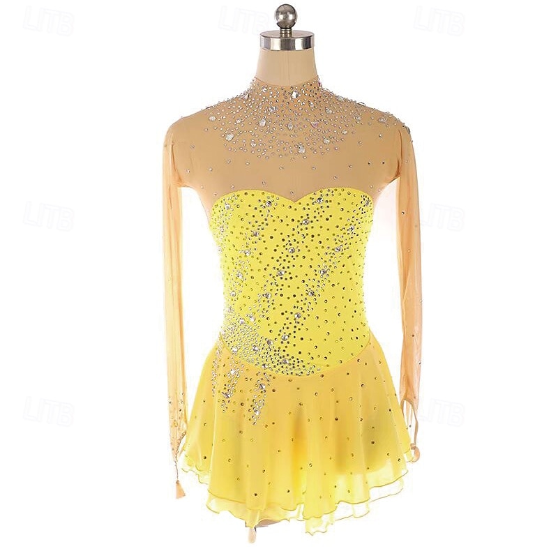 Figure Skating Dress Women's Girls' Ice Skating Dress Yellow Patchwork Thumbhole Mesh Spandex Stretchy Training Practice Professional Skating Wear Thermal Warm Crystal / Rhinestone Long Sleeve Ice 2025 - $166.99 –P1