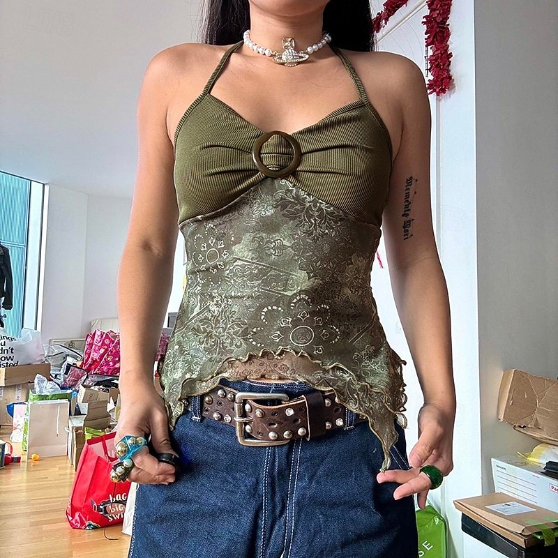 Pentru femei Cămașă Boho Bluză Floare Modern Boho Fără manșon Gâtul halter Topuri obișnuite Zilnic Concediu Ieșire Imprimeu Maro Trifoi Vară 2025 - $21.99 –P1