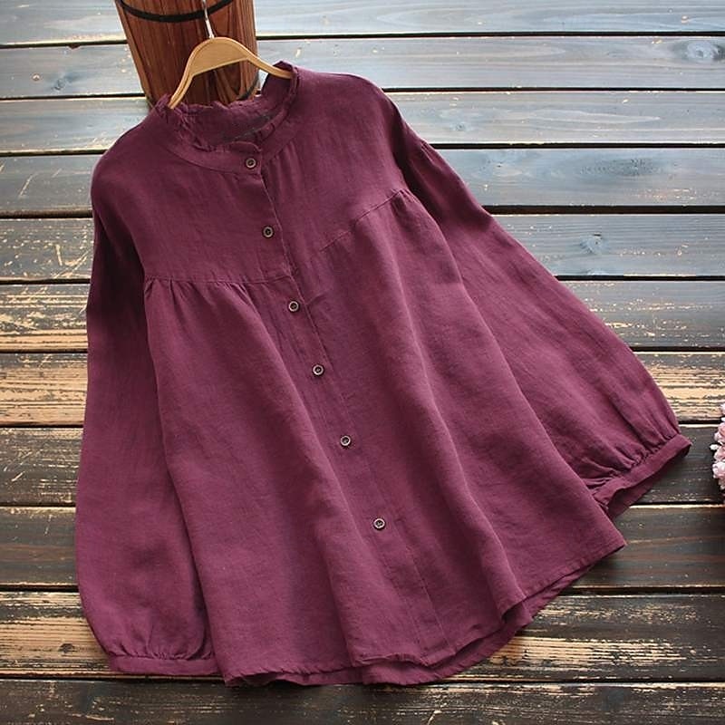 Neujahr Damen Elegante Oberteile Einfach Stilvoll Basic Modern Langarm Bischofsärmel Rundhalsausschnitt Normale Oberteile Arbeit Täglich Clubuniformen Gerafft Knöpfe Tunika Schwarz Purpur Khaki 2025 - $21.99 –P8