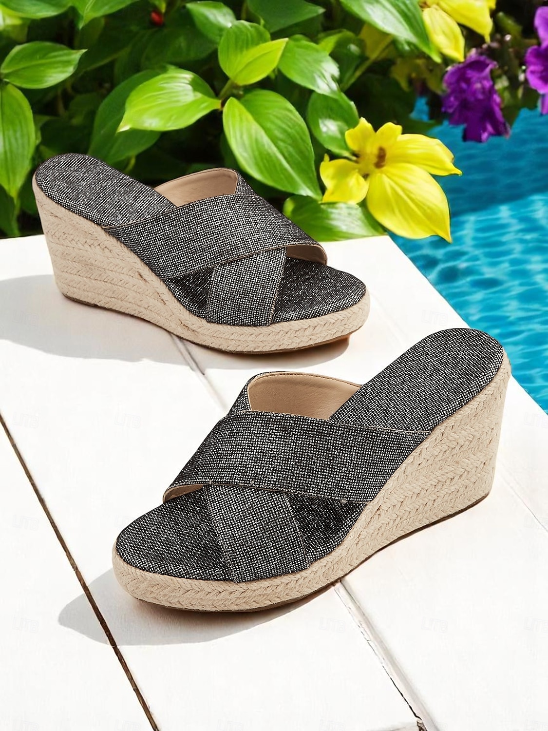 női fekete csillámos keresztpántos espadrille ékszandál – kényelmes, üdülőhelyre kész papucsok tengerparti nyaraláshoz 2025 - $34.99 –P2
