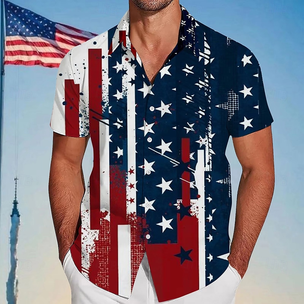 2025年 アメリカ独立記念日 男性用 ストライプ アメリカの米国旗 愛国 シャツ サマーシャツ ボタンアップシャツ 半袖 ファッションカジュアル アウトドア 祝日 夏 春 折襟 3Dプリント 襟付きシャツ ルビーレッド ダークブルー  コレクション – $23.99 –P1