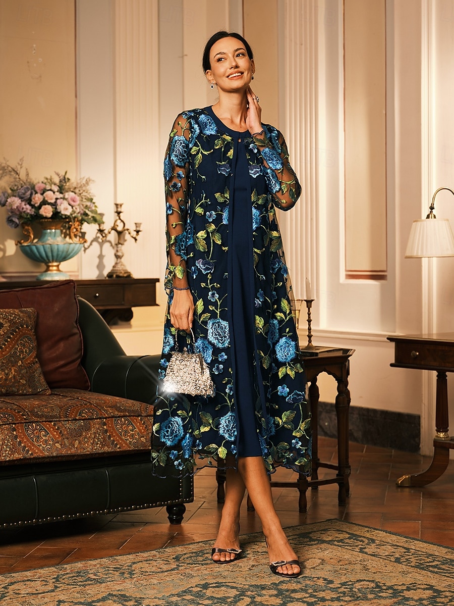 Dam Kappa Andningsfunktion Spets Broderad Elegant Blommig Formell Bröllop Fest Lång Rund halsringning Lös passning Långärmad Ytterkläder Grå rosa Svart Vinröd Sommar Vår 2025 - $50.99 –P8