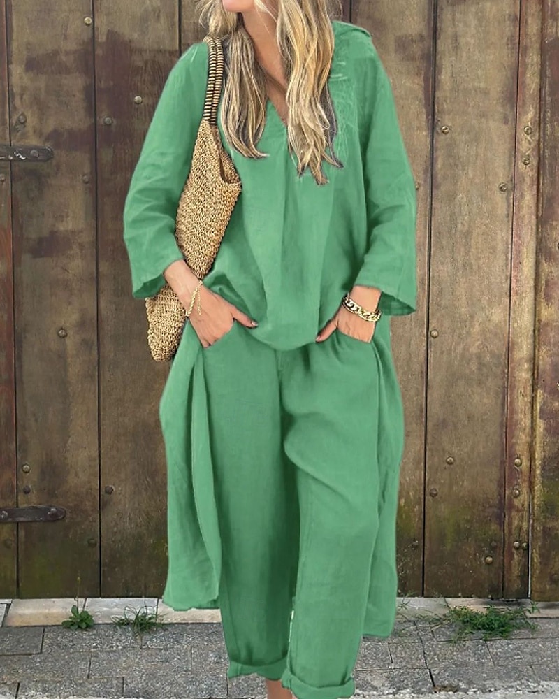 Femmes Actif Chemises en coton et lin Chemisier Ensembles de Pantalons manche longue Col en V Couleur Unie Fête Week-end Noir Blanche Jaune Été Coupe régulière de 2025 ? $37.99 –P7