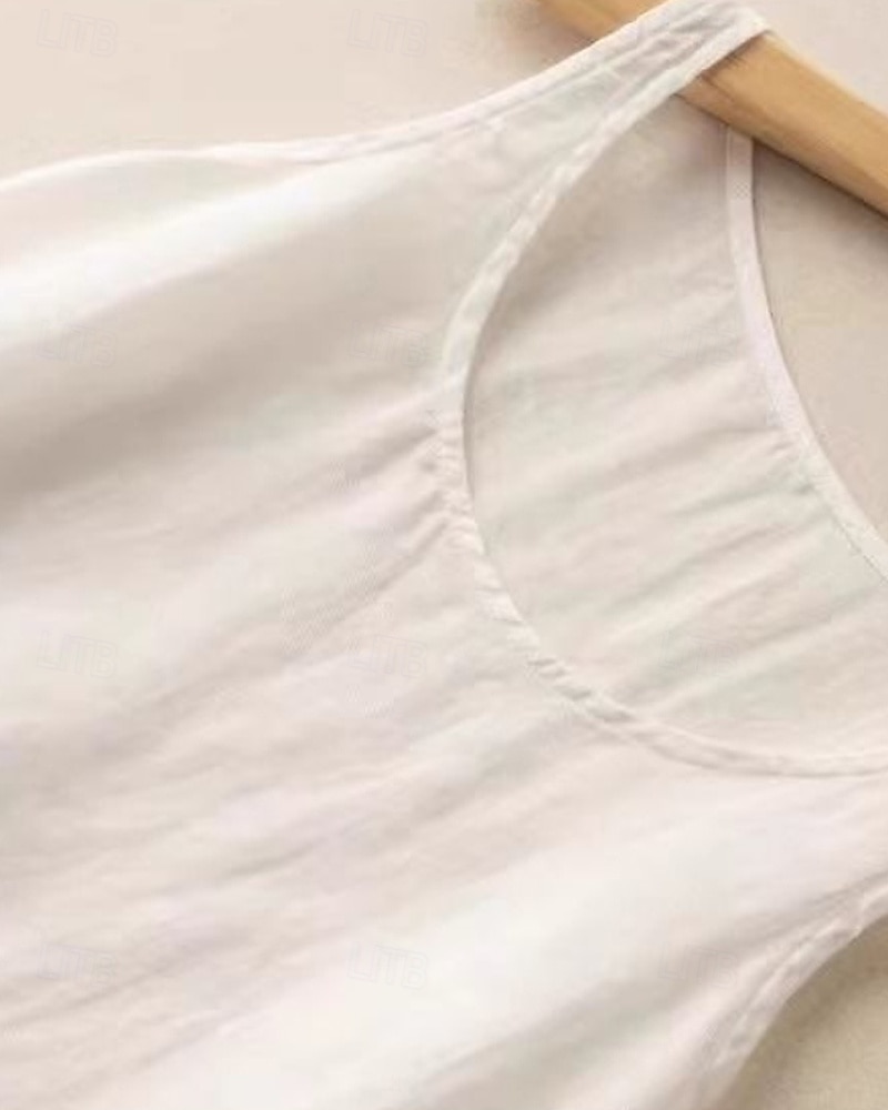 Dame Bomull lin vest Bluse عادي Fritid Ermeløs Crew-hals Vanlige topper Daglig Ferie Hvit Oransje Grønn Kakifarget Sommer 2025 - $19.99 –P6