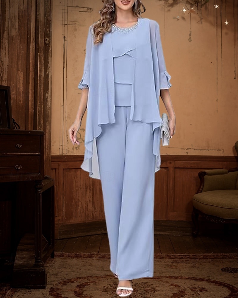 Completo  Abito da Pantaloni 3 Pezzi Abito Elegante per la Madre della Sposa Semplice Minimalista Collo a Giro Lunghezza Terra Lunghezza Caviglia Chiffon Maniche Mezza con Cristalli Ruches Scendenti del 2025 a $148.99 –P1