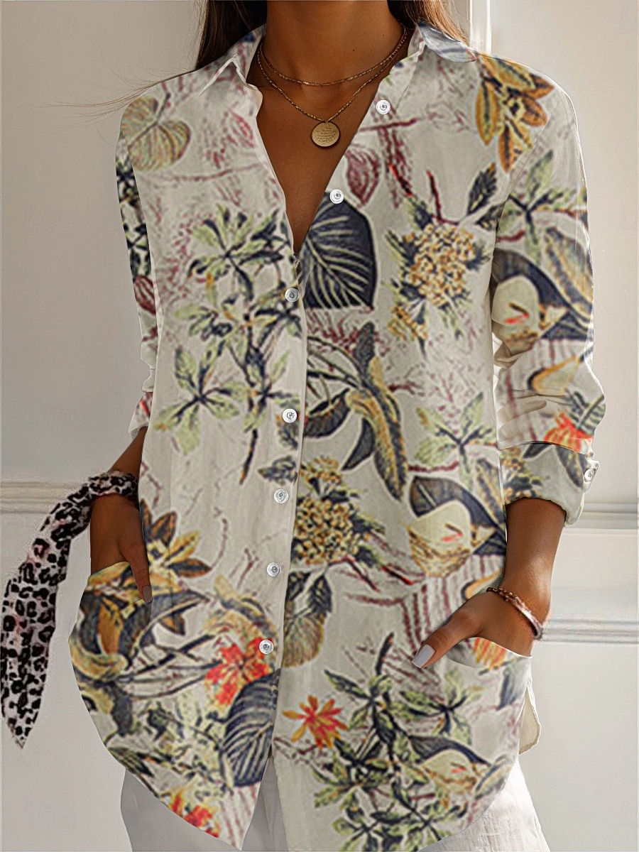 naisten boho-paita, puuvillainen pellavapaita, napitettava pusero, kukkakuvio, geometrinen kuviollinen, rento pitkähihainen paita, kuninkaansininen, violetti, khaki, toile, koti, juhla, elegantti, neutraali, päivittäinen paitakaulus, löysä istuvuus, S 2025 - $16.99 –P2