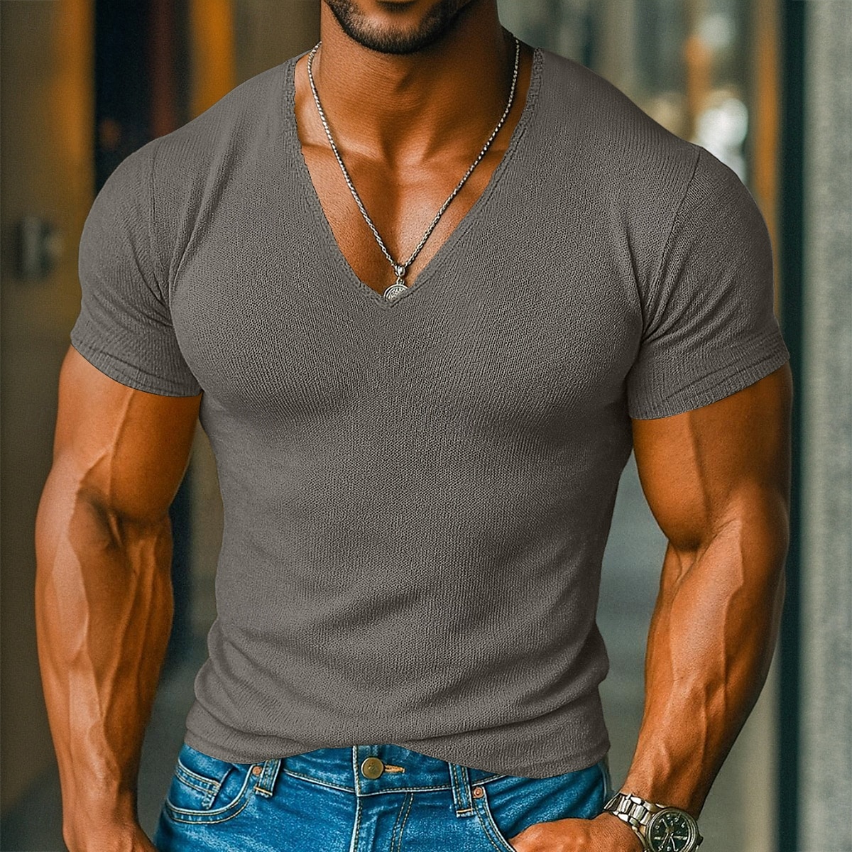 Men's T Shirt Knit Tee Tee Top Short Sleeve V Neck Summer Solid Color Fashion Designer Basic Knitted Vacation Street Casual Light Blue Yellow Beige Top Tee for Men 2025 - $17.99 –P6