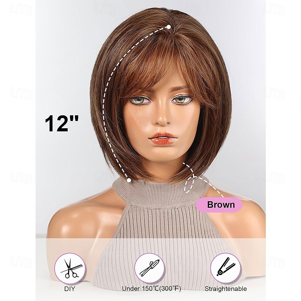 2025年 女性用ボブウィッグ、フリンジ付き合成ウィッグ、ブラウンカラー  コレクション – $24.99 –P3