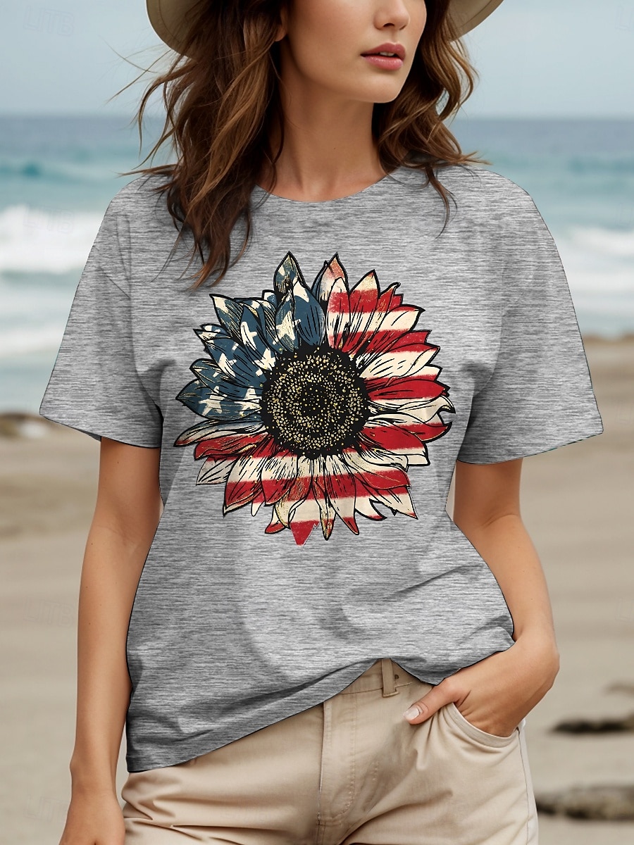 Kvinners patriotiske T-skjorte bomull skjorte grafisk flagg solsikke casual kortermet rund hals vanlige topper daglig trykk svart hvit grå sommer vår 2025 - $19.99 –P1