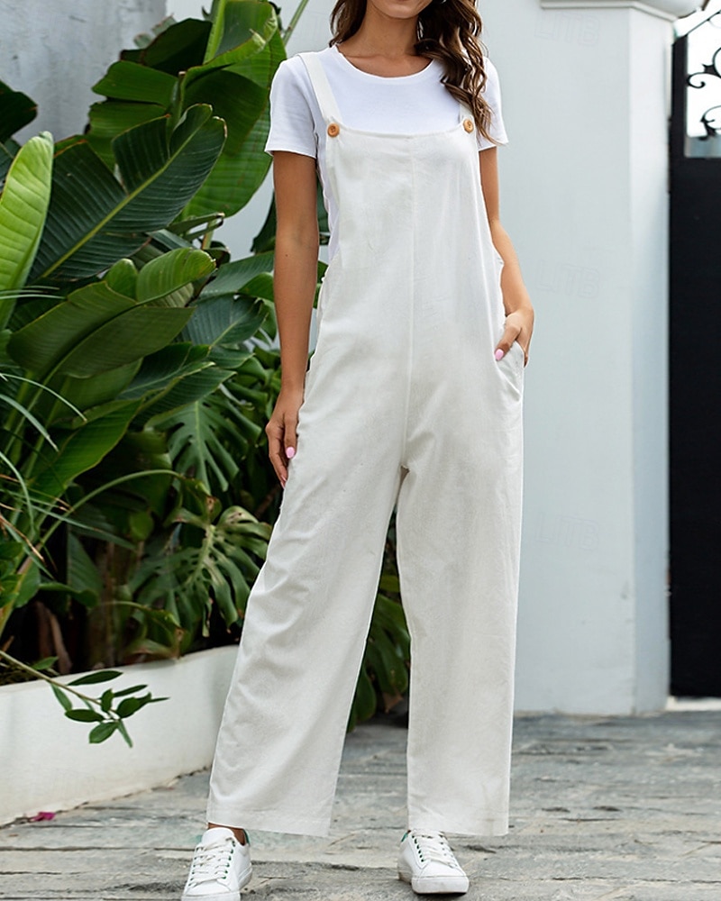 Femmes Normal Pantalon en coton et lin Basique Couleur Unie Sans manches Col en U Avec Poches Rue Sortir Coupe régulière Noir Blanche bleu marine Été de 2025 ? $29.99 –P15