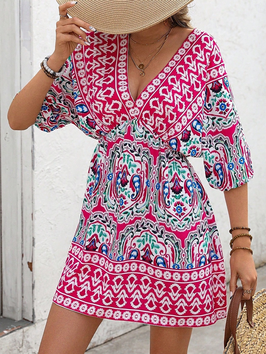 Dam Mini klänning A linjeklänning Semester Ledigt Boho Utomhus Utekväll Normal Blommig Grafisk 3/4 ärm V-hals Fuchsia Sommar Vår 2025 - $23.99 –P1