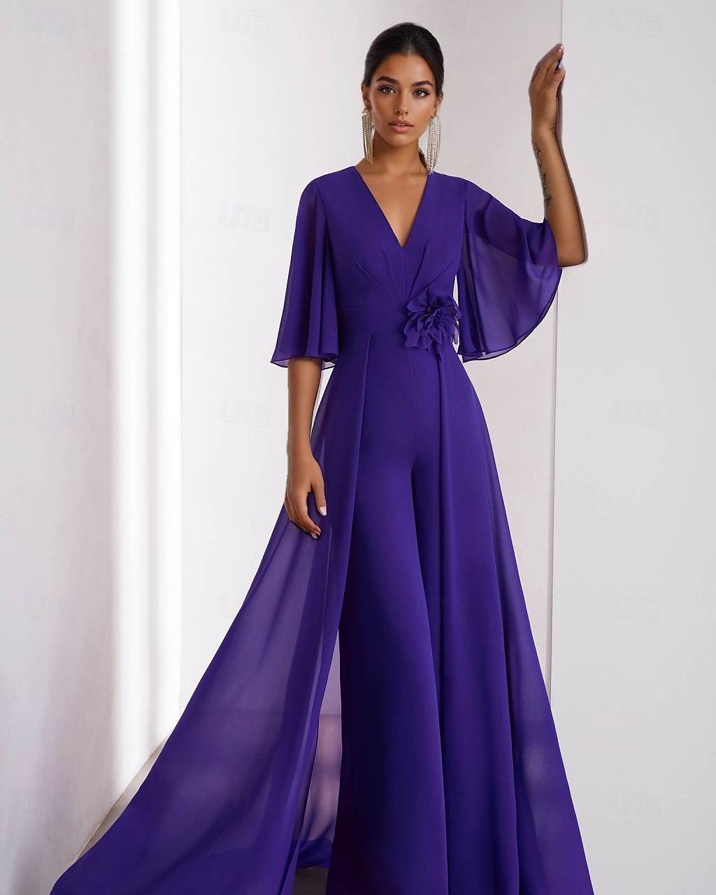 Overal pro matku nevěsty Šaty pro svatební hosty Elegantní vintage V výstřih podlahové délky chiffon s krátkým rukávem s nařasenými volánky 2025 - $134.99 –P1