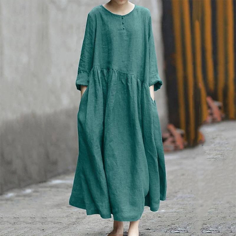 Femmes Robe Midi Robe en coton et lin Classique Moderne Extérieur Vacances Fête Coupe régulière Uni manche longue Col ras du cou Noir Rouge Vert Été de 2025 ? $32.99 –P6