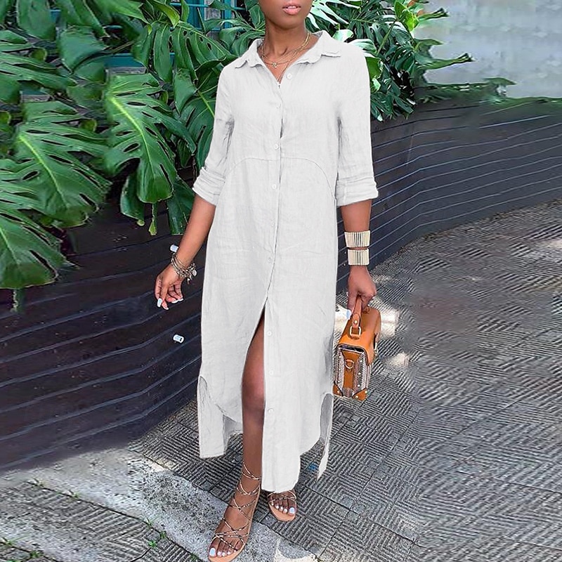 Per donna Abito Midi Abito Camicia Abito in cotone e lino Classico Moderno All'aperto Uscire Weekend Vestibilità regolare Semplice Manica Lunga Colletto a Camicia Bianco Blu marino Marrone Grigio del 2025 a $32.99 –P7