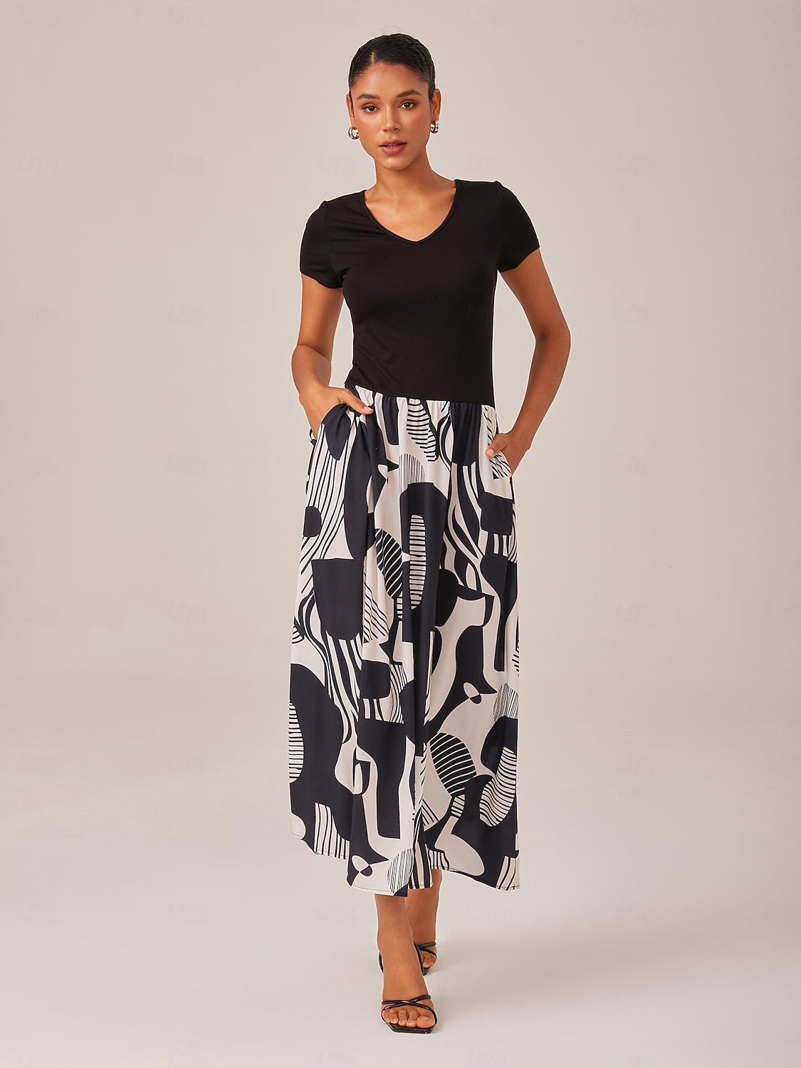 Abito lungo da donna in bianco e nero lavorato a maglia, patchwork, tessuto, stampa geometrica astratta, elegante, gonna a trapezio, svolazzante, elastico in vita, casual, da indossare tutti i giorni del 2025 a $61.99 –P1
