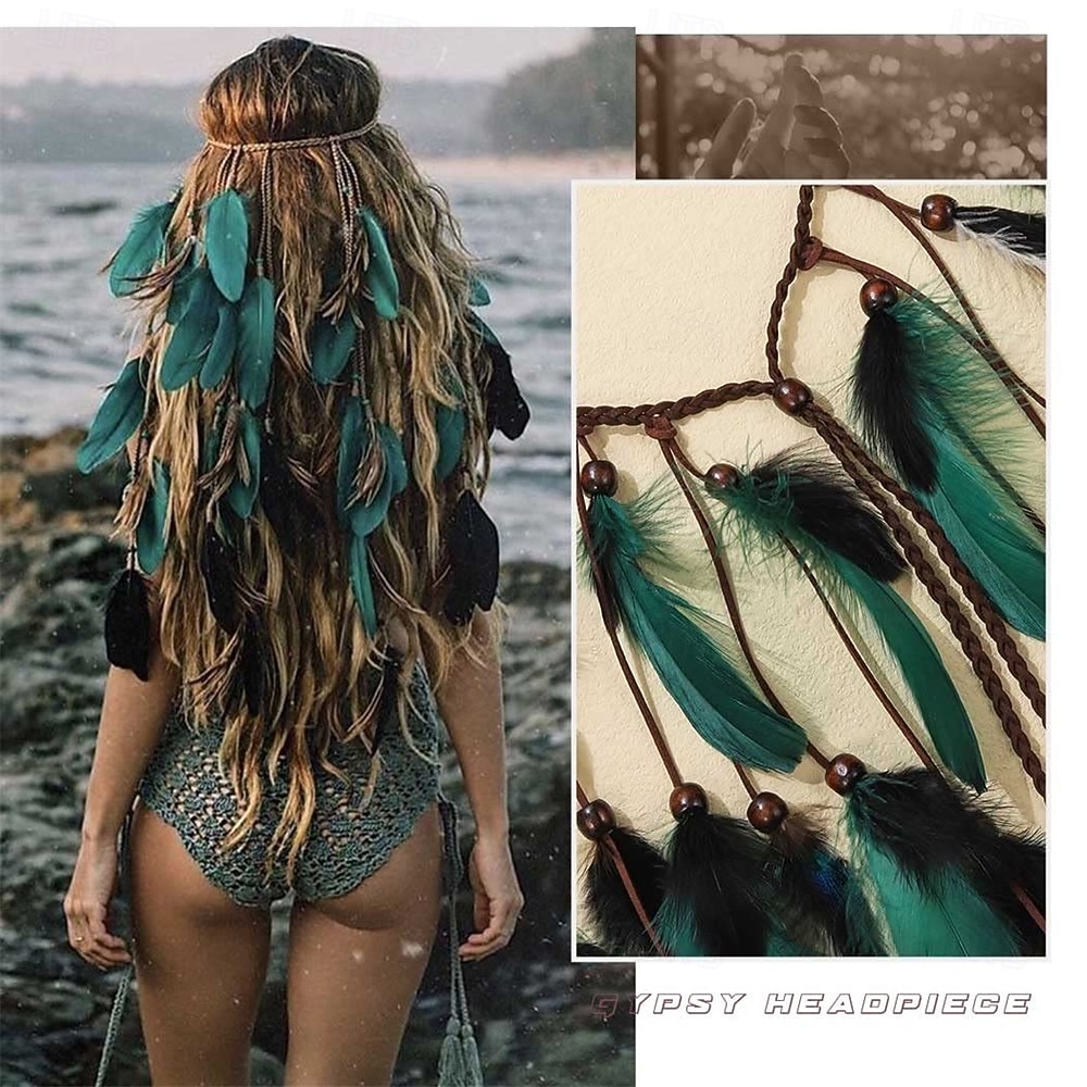 Boho Feather Headband Gypsy Headpiece Headdress Bohemian Hippie Headbands Indian Festival Hair Band Adjust Long Feather Hair Accessories for Women and Girls Black Green 2026 - $15.99 –P5