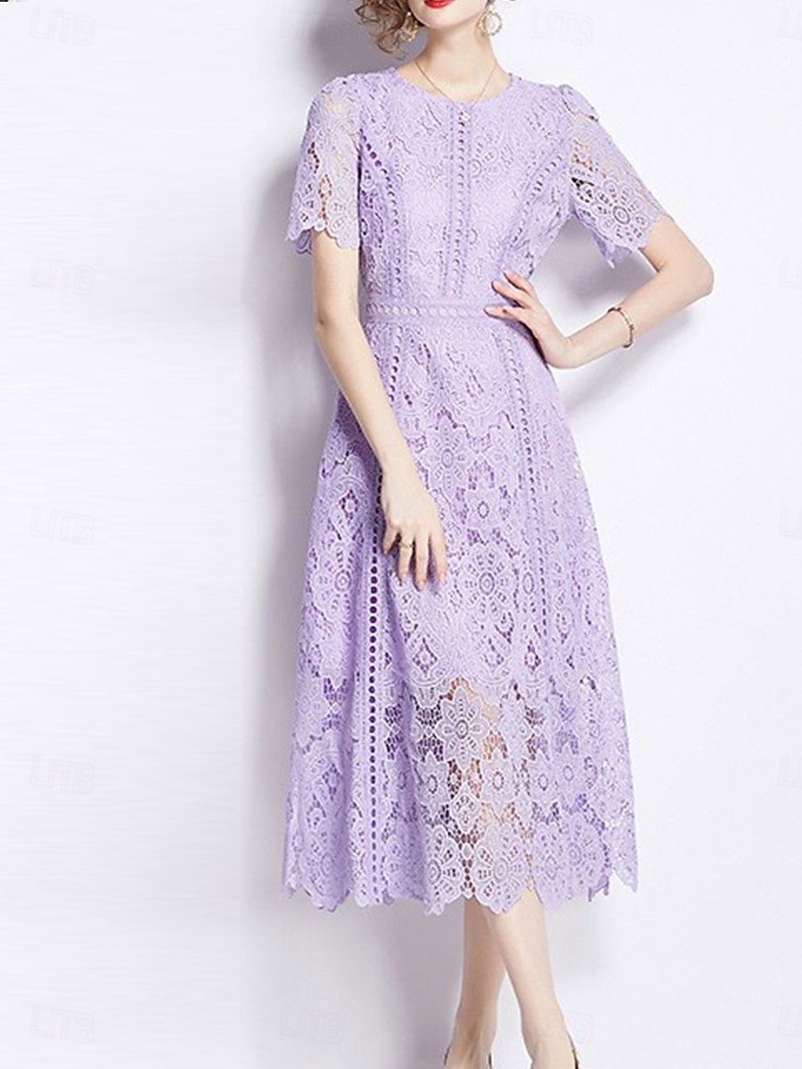 Abito Madre della sposa Abito elegante Collo tondo Lunghezza tè Pizzo Maniche corte con pizzo del 2025 a $99.99 –P8