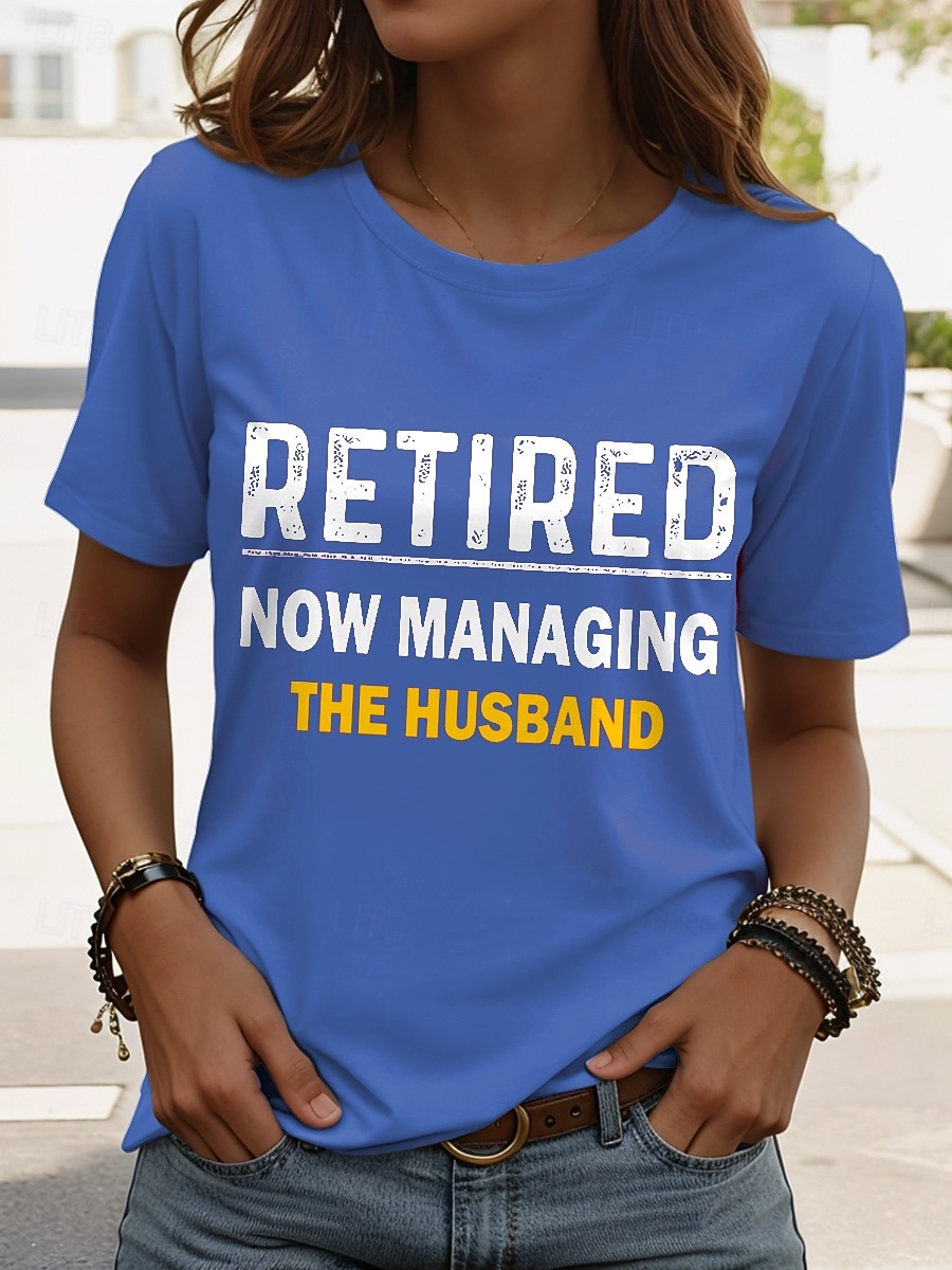 Women's T Shirt Retired Graphic Letter Vintage Stylish Classic Short Sleeve Crew Neck Round Neck Regular Tops Daily Weekend Print Black Pink Red Blue Purple Summer 2026 - $22.99 –P5