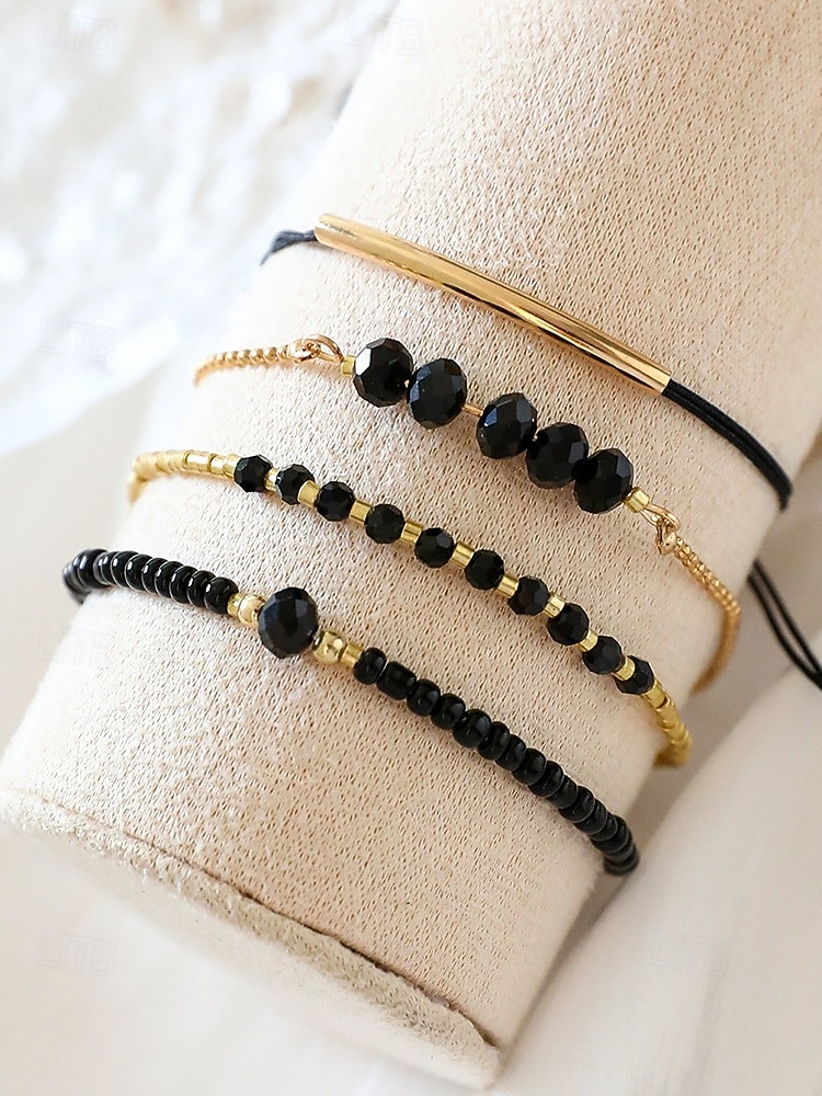 Set bohemian zwarte kralenarmbanden voor dames, met gouden versiering, verstelbaar, modieuze en trendy sieraden, geschikt voor dagelijks gebruik, op reis en voor feestjes 2025 - $9.99 –P4