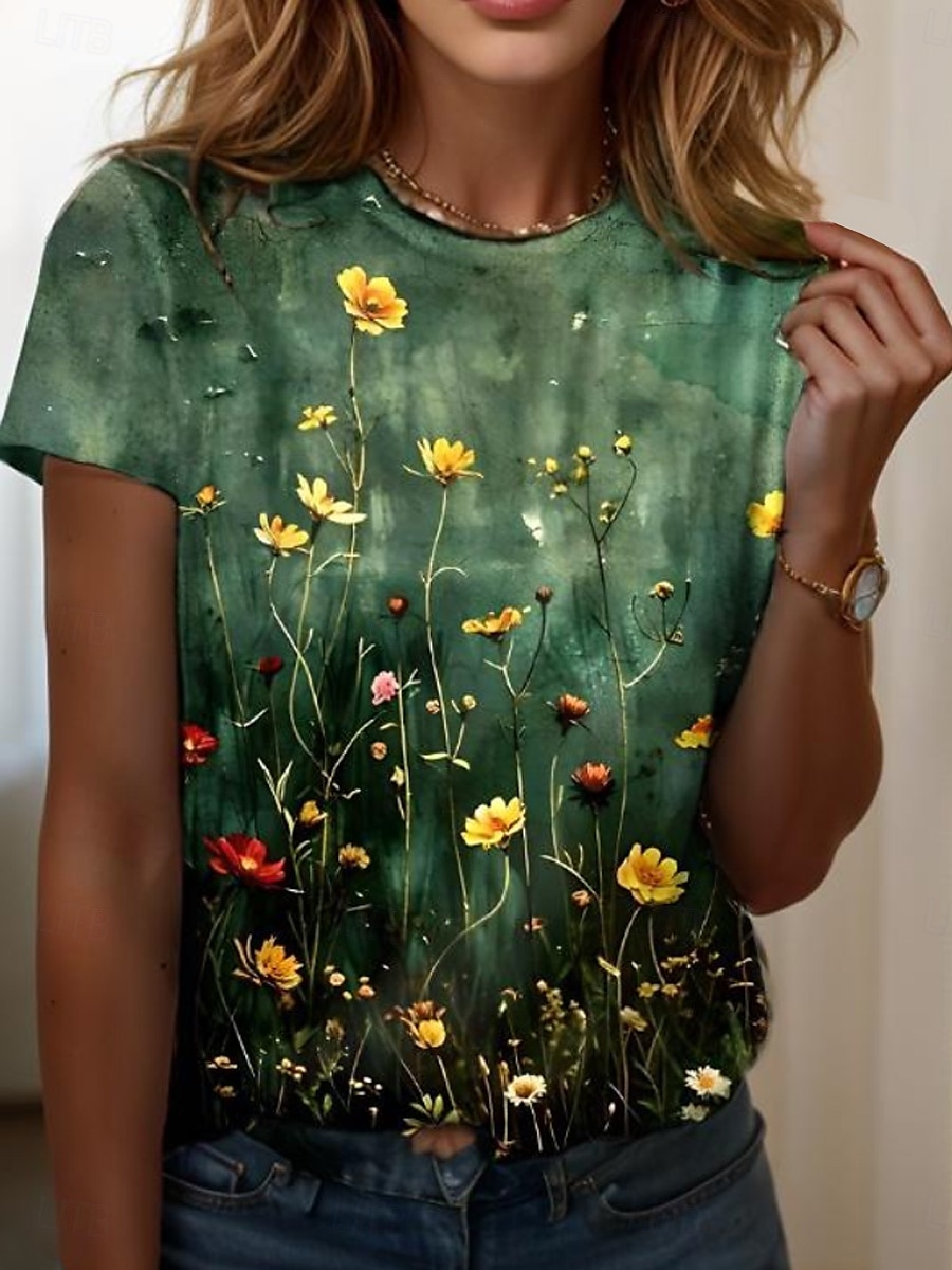Γυναικεία Μπλουζάκι Στάμπα Φλοράλ Γραφική Φυτά Βίντατζ Στυλάτο Κλασσικό Κοντομάνικο Στρογγυλή Ψηλή Λαιμόκοψη Στρογγυλή Λαιμόκοψη Κανονικά μπλουζάκια Καθημερινά 2026 - $22.99 –P1