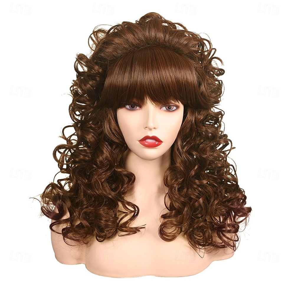 Dlouhá kudrnatá vintage cosplay paruka s ofinou pro ženy z 80. let, kostým královny 60. a 70. let na halloweenskou párty 2025 - $26.99 –P5