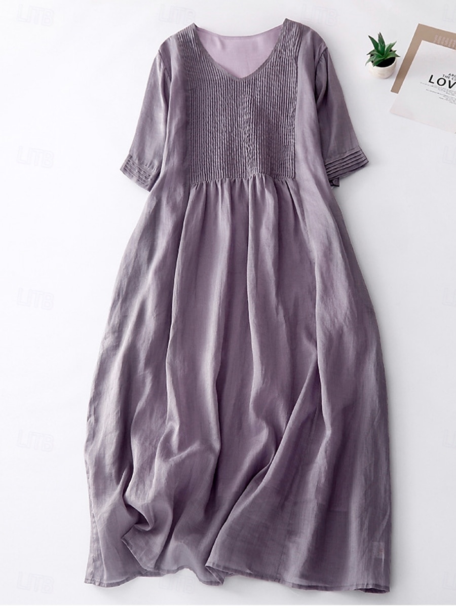 Rochie midi din bumbac și in pentru femei, rochie tip A, rochie de vară, casual, croială regulată, simplă, mânecă scurtă, guler rotund, alb, albastru, violet, verde, vară 2025 - $38.99 –P6