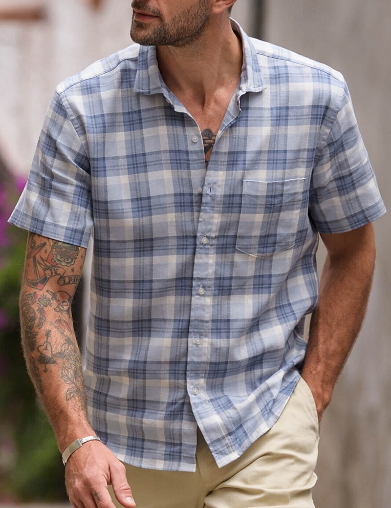 Men's Shirt Linen Shirt Summer Shirt Dress Shirt Plaid Shirt Button Up Shirt Plaid Casual Daily Wear Blue Short Sleeve Turndown Summer Clothing Apparel Front Pocket 2025 - $25.99 –P1