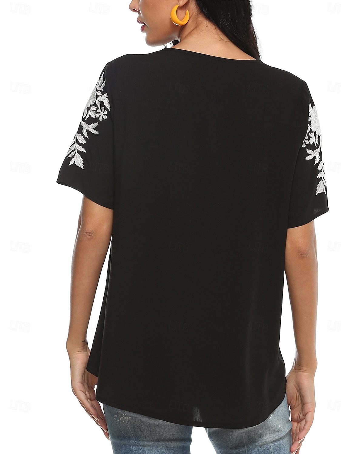 Dame Boho skjorte Blomstret Fritid Kortermet 3/4-ermer Crew-hals Vanlige topper Arbeid Daglig Ut på byen Broderi Svart Sommer 2025 - $23.99 –P5