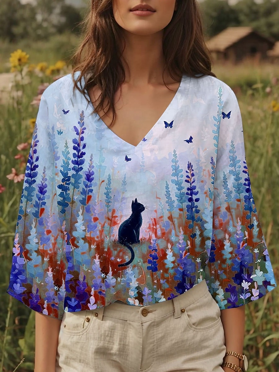 Dame Bluse Blomstret Grafisk Katt Stilfull Fritid 3/4 ermer V-hals Vanlige topper Daglig Gul Blå Lilla Sommer Vår 2025 - $24.99 –P3