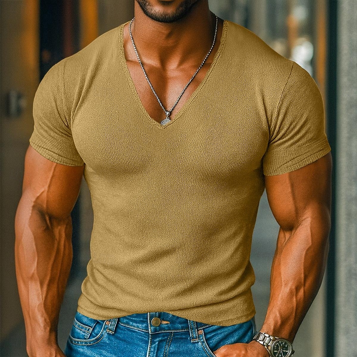 Men's T Shirt Knit Tee Tee Top Short Sleeve V Neck Summer Solid Color Fashion Designer Basic Knitted Vacation Street Casual Light Blue Yellow Beige Top Tee for Men 2025 - $17.99 –P1
