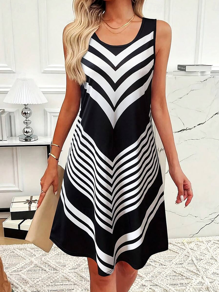 Pentru femei Rochie Mini Rochie de Vară Rochie A line Rochie de vară Vacanță Casual Fit regulat Grafic Geometric Dunga Fără manșon În U Negru și Alb Albastru piscină Kaki Vară Primăvară 2025 - $21.99 –P1