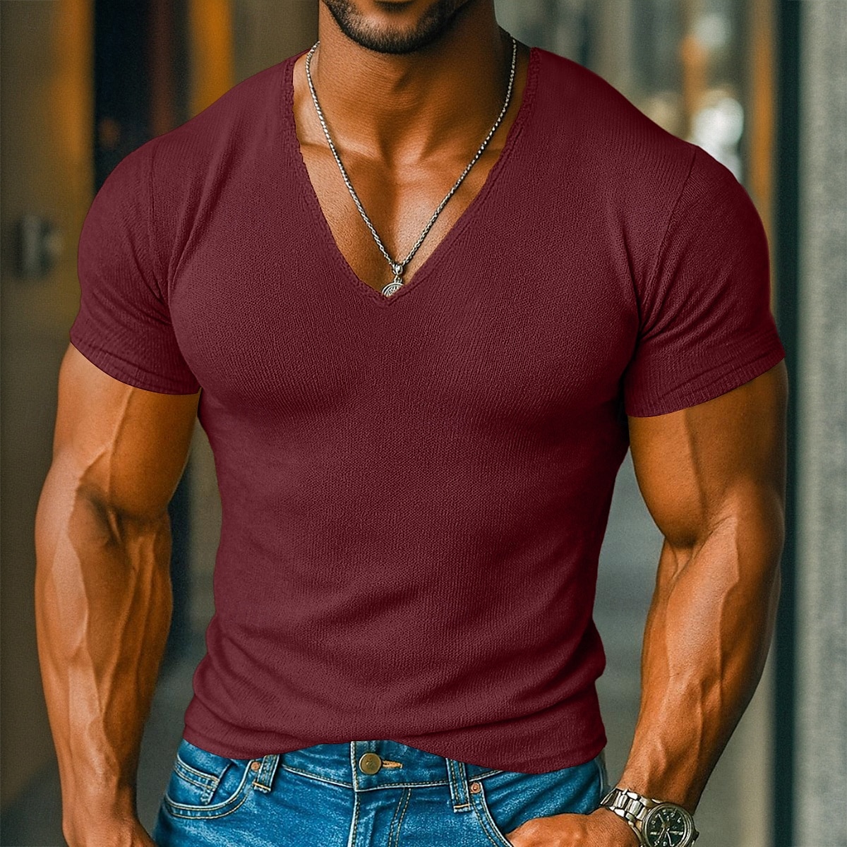 Men's T Shirt Knit Tee Tee Top Short Sleeve V Neck Summer Solid Color Fashion Designer Basic Knitted Vacation Street Casual Light Blue Yellow Beige Top Tee for Men 2025 - $17.99 –P7