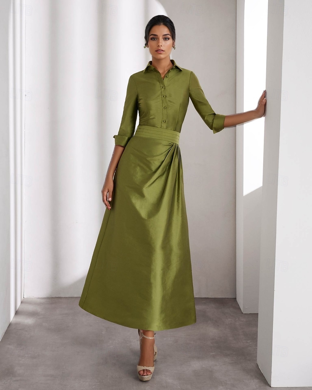 Green Yellow A-Line Cocktail Dresses Elegant Formal Wedding Guest Ankle Length Long Sleeve Shirt Collar Taffeta with Slit 2025 - $132.99 –P1