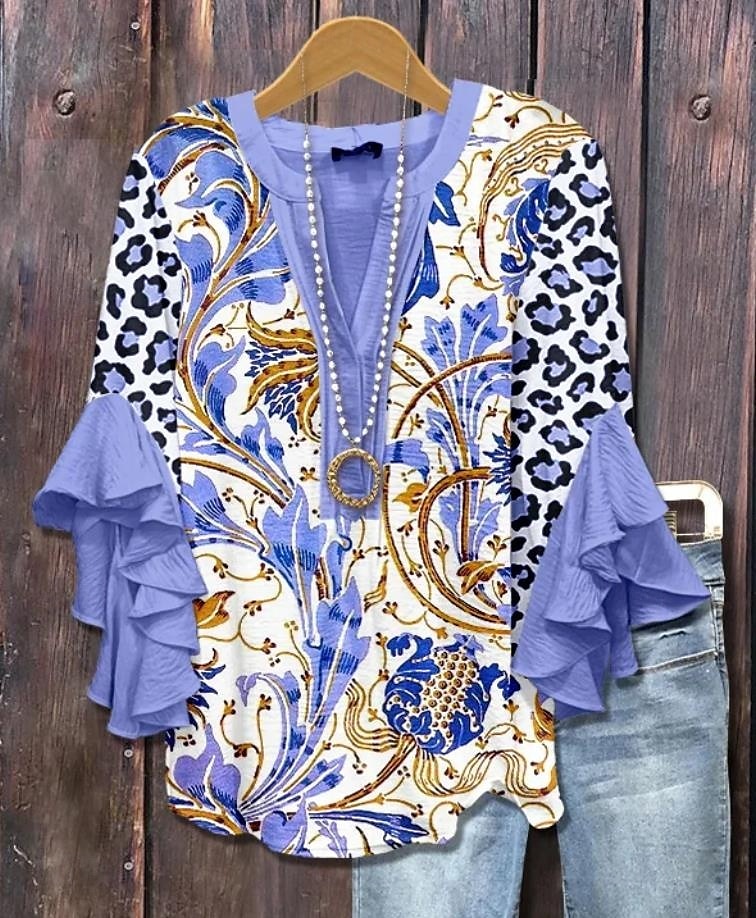 Damenbluse Geschichtete Rüschenschlupfärmel Tops Floral Grafik Paisley Bohemia Vintage Täglich 3/4 Lange Ärmel V-Ausschnitt Reguläre Tops Täglich Urlaub Ferien Kleidung Print Schwarz Pink Lila 2025 - $29.99 –P2